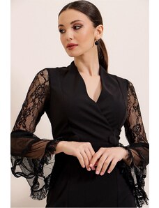 By Saygı Double-breasted Collar Button Detailed Sleeves Lace Lined Lycra Dress Wide Size Range Ecru.