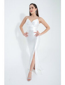 Lafaba Women's White Stone Strap Long Evening Dress