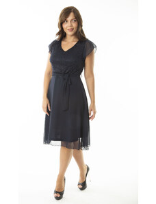 Şans Women's Plus Size Navy Blue Top With Lace Chiffon Fabric Lined Dress