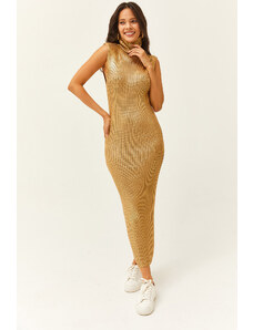 Olalook Women's Gold Turtleneck Corded Lycra Metallic Knitwear Dress