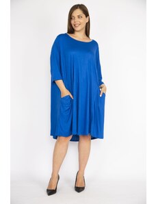 Şans Women's Saks Plus Size Relaxed Cut Capri Sleeved Pocket Dress