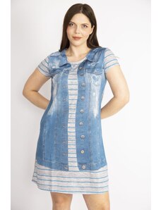 Şans Women's Blue Plus Size Print Detailed Dress