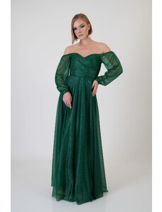 Emerald Silvery Carmen Collar Long Sleeve Engagement Dress