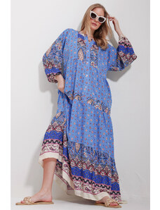 Trend Alaçatı Stili Women's Blue Big Collar Shawl Patterned Maxi Length Dress