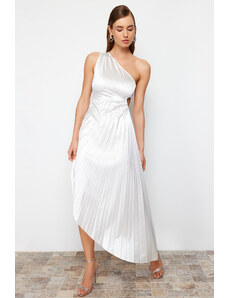 Trendyol Asymmetrical Ecru Evening Dress in Satin with Pleat Detail
