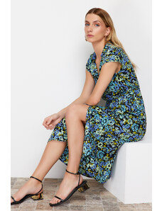Trendyol Navy Blue Floral Patterned A-line Double-breasted Collar Viscose Midi Woven Dress