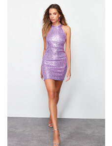 Trendyol Lilac Fitted Sequined Elegant Evening Dress