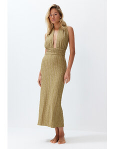 Trendyol Khaki Maxi Woven Decollete Linen Blend Beach Dress