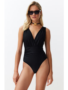 Trendyol Black Deep V Neck Draped Regular Swimsuit