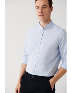 Avva Men's Blue Large Collar Linen Blended Regular Fit Shirt