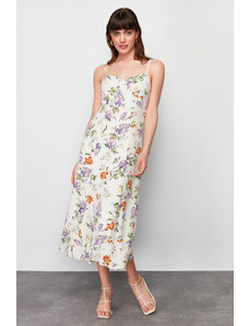 Trendyol Ecru Floral Pattern Waist Open Midi Woven Midi Dress