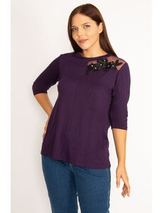 Şans Women's Plus Size Purple Appliqued And Tulle Detailed Blouse