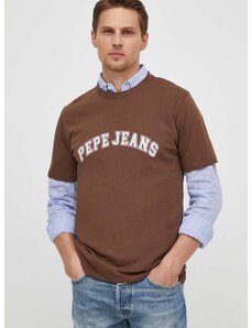 Pepe Jeans pamut póló barna, férfi, nyomott mintás