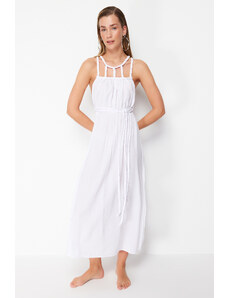 Trendyol White Belted Maxi Woven Tie 100% Cotton Beach Dress