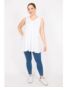 Şans Women's White Plus Size Front A Pleated V-Neck Long Blouse