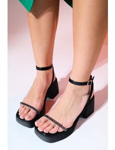 LuviShoes FRENS Women's Black Stone Platform Heeled Sandals