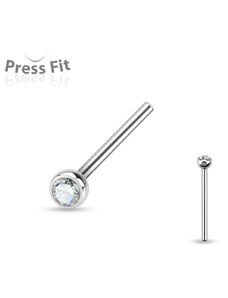 Ekszer Eshop - Egyenes orr piercing, ezüst színű sebészeti acél, átlátszó cirkónia, 2 mm SP90.20/SP90.27 - A piercing vastagsága: 0,8 mm
