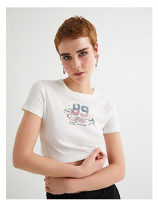 Koton Slim Fit Crop T-Shirt Printed Short Sleeve Crew Neck Cotton