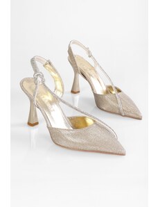 Shoeberry Women's Leroy Gold Silvery Stone Heel Shoes Stiletto