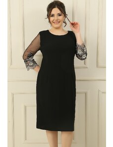 By Saygı Plus Size Lined Dress With Tulle Beads And Floral Embroidery On The Sleeves