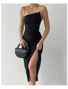 Laluvia Black Thin Straps Front Asymmetric Cut Slit Dress