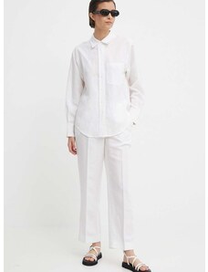 Calvin Klein nadrág vászonkeverékből fehér, magas derekú egyenes, K20K206695