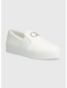 Calvin Klein bőr tornacipő FLATFORM CUP SLIP ON RE LOCK LTH fehér, női, HW0HW02057