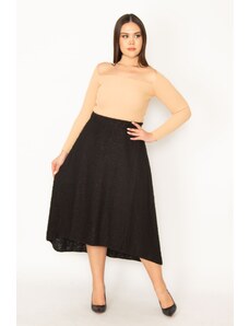 Şans Women's Plus Size Black Elastic Waist Bouquette Long Skirt With Fabric