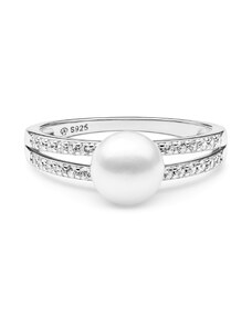 Gaura Pearls Ródiumozott 925 Ezüst Gyűrű Édesvízi gyönggyel Cirkónia kristállyal - 19mm, Fehér