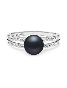 Gaura Pearls Ródiumozott 925 Ezüst Gyűrű Édesvízi gyönggyel Cirkónia kristállyal - 17mm, Sötétkék