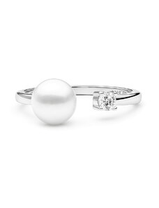 Gaura Pearls Ródiumozott 925 Ezüst Gyűrű Édesvízi gyönggyel Cirkónia kristállyal - 18mm, Fehér
