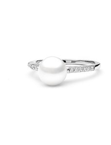 Gaura Pearls Ródiumozott 925 Ezüst Gyűrű Édesvízi gyönggyel Cirkónia Kristályokkal - 17mm, Fehér