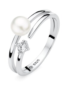 Gaura Pearls Ródiumozott 925 Ezüst Gyűrű Édesvízi gyönggyel Cirkónia Kristállyal - 18mm, Fehér