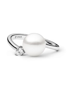 Gaura Pearls Ródiumozott 925 Ezüst Gyűrű Édesvízi gyönggyel Cirkónia Kristállyal - 17mm, Fehér