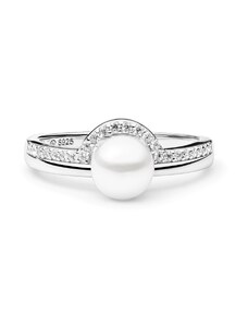 Gaura Pearls Ródiumozott 925 Ezüst Gyűrű Édesvízi gyönggyel Cirkónia Kristályokkal - 16mm, Fehér