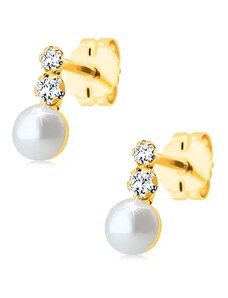 Ekszer Eshop - Beszúrós fülbevaló sárga 14K aranyból - két átlátszó cirkónia és fehér színű gyöngy S1GG188.31