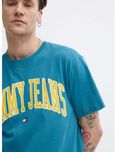 Tommy Jeans pamut póló türkiz, férfi, nyomott mintás, DM0DM18558