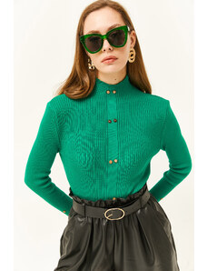 Olalook női fű zöld magas nyakú gomb körített lycra kötöttáru pulóver
