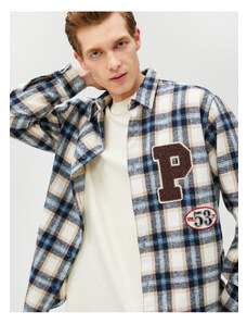 Koton Plaid College Shirt Jacket Embroidered Pocket Detailed Classic Collar