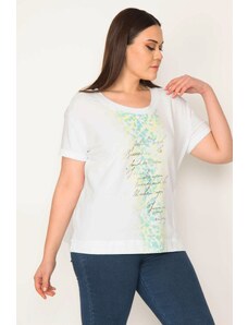 Şans Women's Plus Size Blouse with White Cotton Fabric and Lame Print Detail