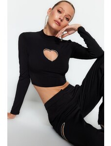 Trendyol Black Fitted Stone Print Window/Cut Out Detail Crop Knitted Blouse
