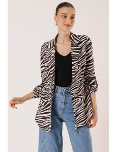 By Saygı Zebra Patterned Corded Waist Folded Sleeve Jacket