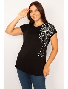 Şans Women's Plus Size Black Print Detailed Viscose Blouse
