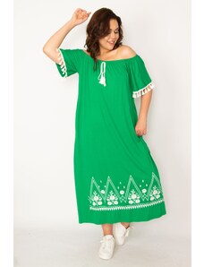 Şans Women's Plus Size Green Carmen Collar Embroidery And Tassel Detail Long Dress