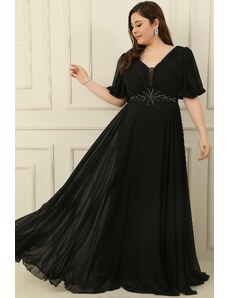 By Saygı Plus Size Long Chiffon Dress With A V-Neck Front Beaded Waist Draped and Lined Front Back