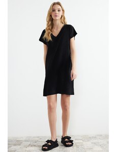 Trendyol Black Crepe/Textured V-Neck Shift/Straight Knitted Mini Dress