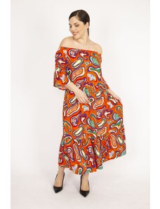 Şans Women's Orange Plus Size Woven Viscose Fabric Collar Elastic Sleeve And Gathered Hem Dress