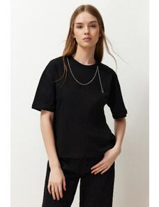 Trendyol Black 100% Cotton Relaxed Chain Detail Knitted T-Shirt