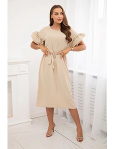 Kesi Dress with a tie at the waist with decorative sleeves in beige color