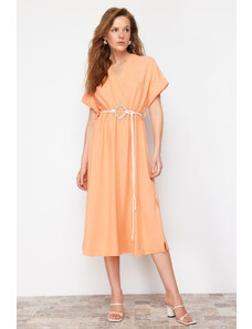 Trendyol Orange Straight A-line Double Breasted Collar Balloon Sleeve Belt Detailed Lily Maxi Dress